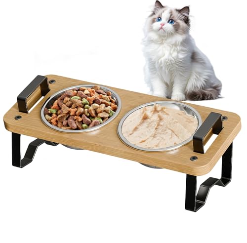 Elevated Cat Bowls with Handles, 15° Tilted 2 Stainless Steel Bowls & Food Mat, Adjustable Height Anti-Vomit Feeder for Easy Cleaning, The for Cat Lovers - Complete Feeding Solution - size: 2 cat bowls