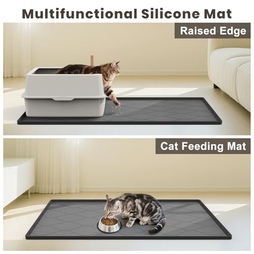 Cat Mat for Litter Box, 38" X 26" Large Silicone Cat Litter Trapping Mat, Easy Clean for Scatter Control, Soft on Kitty Paws, Waterproof, Urine-Proof, Non-Slip Kitty Litter Mat for Floor, Black