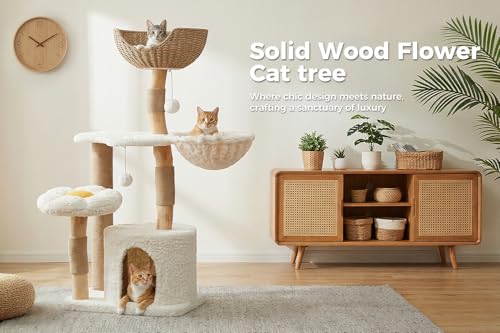 PETEPELA Modern Cat Tree Tower for Indoor Large Cats w/Removable Flower Perch, Real Solid Wood Cat Scratching Posts, Boho Ratten Cat Furniture w/Cozy Condo & Wicker Basket Bed, White - color: Cloud White