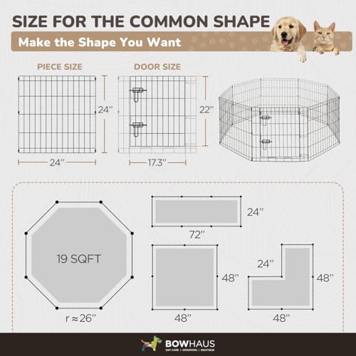BOWHAUS Foldable Outdoor/Indoor Pet Playpen with Gate, Available in 24 Inch Height Metal Portable Kennel, Heavy-Duty Exercise Fence Cage 8 Panels for Small Dog, Animals - style: 24 Inch