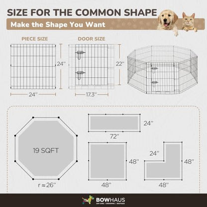 BOWHAUS Foldable Outdoor/Indoor Pet Playpen with Gate, Available in 24 Inch Height Metal Portable Kennel, Heavy-Duty Exercise Fence Cage 8 Panels for Small Dog, Animals - style: 24 Inch