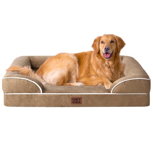 EHEYCIGA Orthopedic Dog Beds for Extra Large Dogs, Waterproof Memory Foam XL Dog Bed with Sides, Non-Slip Bottom and Egg-Crate Foam Big Pet Couch Bed with Washable Removable Cover, Camel - color: Camel, size: 44.0"L x 32.0"W x 6.5"Th