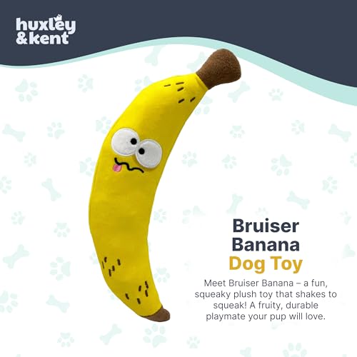 Huxley & Kent Funny Dog Toy w/Squeaker – Power Plush Squeaky Dog Toys for Small, Medium & Large Dogs – Soft Stuffed Animal for Indoor Play & Fetch - Fetchies® Bruiser Banana, Small - size: Small, style: Brusier Banana