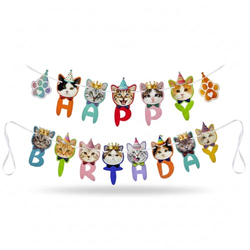 Cat Birthday Cake Topper & Paper Garland Banner Set – 12 Pc Kitten Cupcake Picks + 10ft Pennant, Reusable Indoor/Outdoor Party Decor for Cats & Kids (Banner Set) - size: Cat Birthday Banner Set
