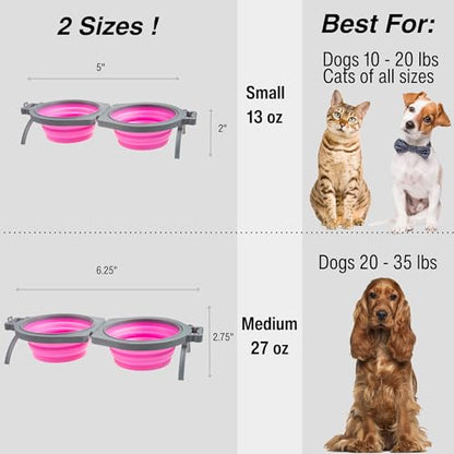 Loving Pets Bella Roma Double Diner Collapsible Dog Bowls - Silicone Dog Bowls, Foldable Bowl, Puppy Essentials & Hiking Pet Supplies Great for Home & Travel (Pink, Small) - color: Pink, size: Small Travel Double Diner