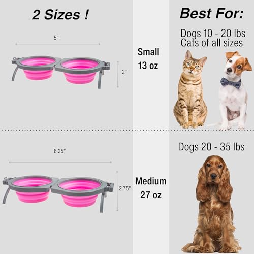 Loving Pets - Bella Roma Double Diner Portable Travel Dog Bowls Collapsible Combined Dog Food & Water Bowls (Pink, Medium) - color: Pink, size: Medium Travel Double Diner