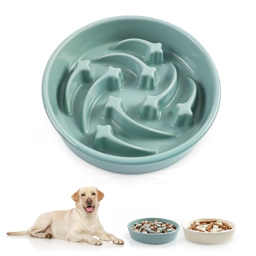 Ceramic Slow Feeder Dog Bowls, 1.5 Cups Dog Food Dish for Medium and Large Breed, Puzzle Dog Food Bowl for Fast Eater, 28OZ, 8.15 inch(Light Green) - color: Light Green-L