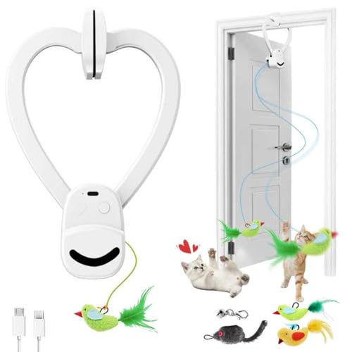 CATPICK Interactive Cat Toys for Indoor Cats - Automatic Flying Bird & Mouse Doorway Hanging Toy, USB Rechargeable Electric Kitten Toy for Hunting Instinct, Enrichment & Exercise, 2 Birds & 1 Mouse - color: Pear White