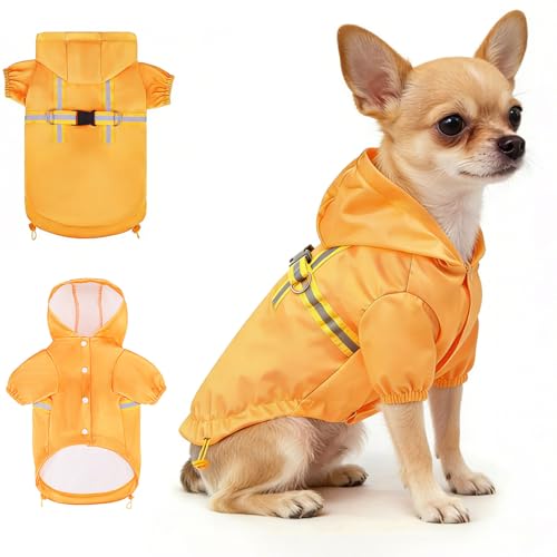 BEAUTYZOO Dog Raincoats for X-Small Dogs Waterproof, Dog Rain Jacket with Harness Built in, Reflective Doggie Rain Vest with Hood & Leash Ring for Boy Girl Puppy, Pet Slicker Poncho Clothes, Yellow XS - color: Solid Yellow, size: XS(Back 10.5", Chest 16.9