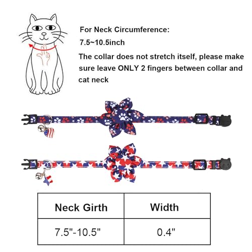 ADOGGYGO American Flag Cat Collars with Removable Flower Bell, Adjustable Red Blue 4th of July Flag Pattern Floral Collars for Cats Kittens - color: 4th of July