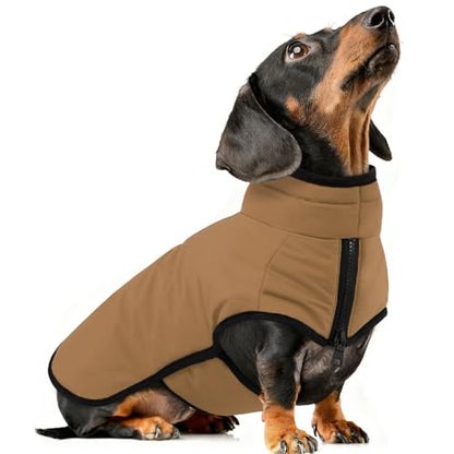 AOFITEE Dog Winter Coat, Waterproof Dog Jacket, Dog Coat with Harness Hole, Warm Fleece Dog Puffer Jacket, Reflective Windproof Dog Snowsuit for Small Medium Large Dogs, Dachshund, French Bulldog, M - color: Brown, size: Medium