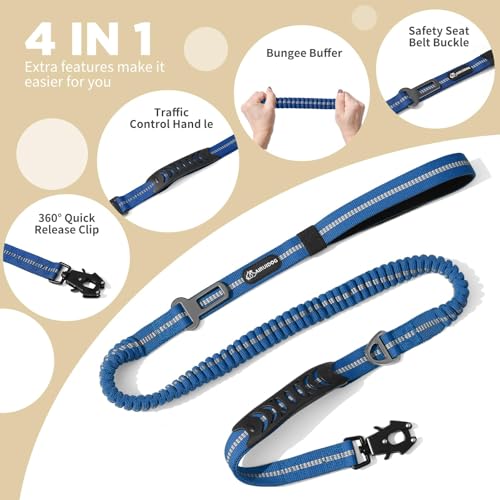 Heavy Duty Tactical Dog Leash, 4-6FT Shock Absorbing Bungee Lead with 2 Padded Handles, Metal Carabiner & Seatbelt Clip, Reflective No-Pull Leash for Medium/Large Dogs (Blue) - color: Blue
