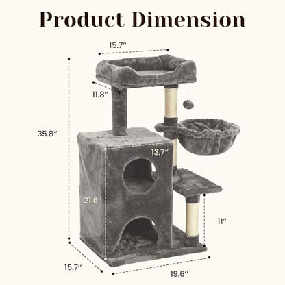 Fansafurn Modern Cat Tree with Scratching Posts, Cat Bed, Hammocks & Condos – Multi-Level Cat Tower for Playful Cats, 36" Modern Cat Tree Tower, Grey - color: Light Grey