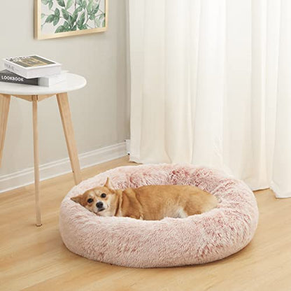 Bedfolks Calming Donut Dog Bed, 30 Inches Round Fluffy Dog Beds for Medium Dogs, Anti-Anxiety Plush Dog Bed, Machine Washable Pet Bed (Pink, Medium) - color: Pink, size: 30.0"L x 30.0"W x 8.0"Th