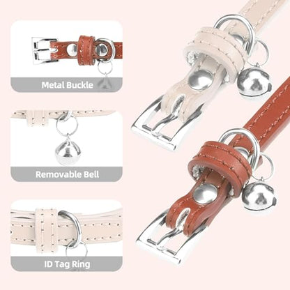 PUPTECK 2 PCS Soft Genuine Leather Cat Kitten Collar with Bells Adjustable for Girl Boy Cats Puppy - Cream, Brown - color: Cream & Brown
