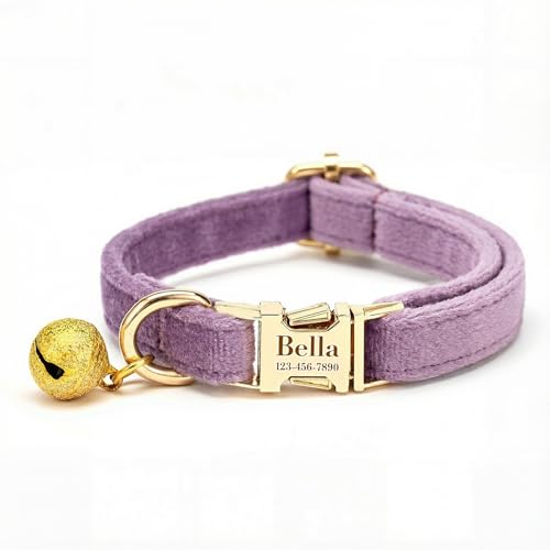 Custom Cat Collar with Bells Personalized Small Cat Collar Engraved Name & Phone Number with Secure Metal Quick-Release Buckle Adjustable (Light Purple) - color: Light Purple