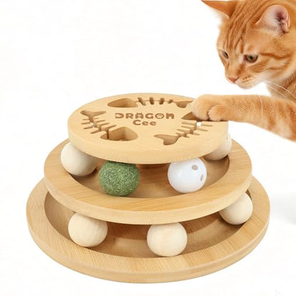 Cat Ball Track Toy with Puzzle Top, Interactive Cat Toys for Indoor Cats with Spinning Balls, Wooden Cat Ball Tower Toy for Kitten Kitty Exercise Mental Physical
