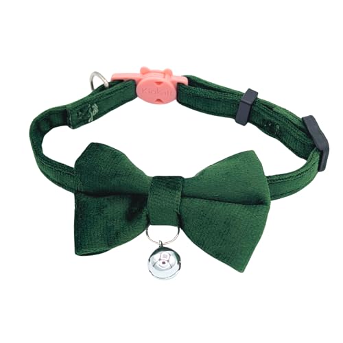 Velvet Bowtie Cat Collar with Bell – Adjustable Breakaway Green Cat Collar for Adult Cats (7–11 in) - color: Green