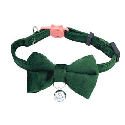 Velvet Bowtie Cat Collar with Bell – Adjustable Breakaway Green Cat Collar for Adult Cats (7–11 in) - color: Green
