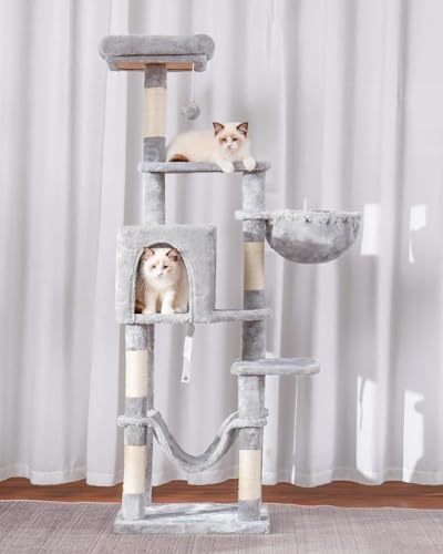 Hey-brother Cat Tree with Large Hammock, Multi-Level Cat Tower for Indoor Cats, Cat Condo with Sisal-Covered Scratching Posts and Top Perch, Light Gray MPJ050W - color: Light Gray