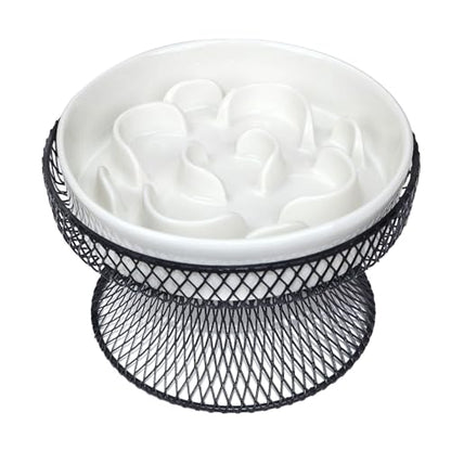 Raised Ceramic Cat Slow Feeder Bowl, Elevated Cat Plate with Stand, Slow Bowl for Wet and Dry Food, Whisker Friendly Pet Feeder for Kitten and Small Dog Perfect for Pet Gift - color: white set of 1