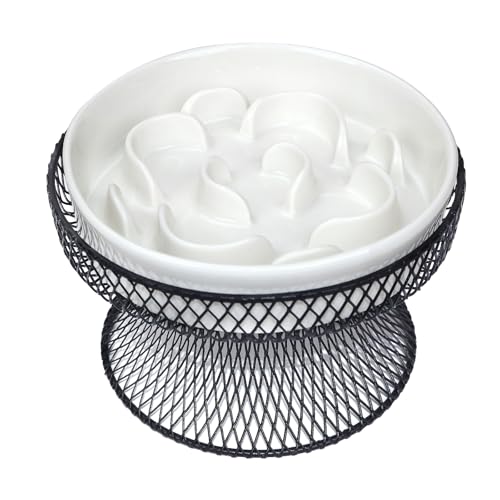 Raised Ceramic Cat Slow Feeder Bowl, Elevated Cat Plate with Stand, Slow Bowl for Wet and Dry Food, Whisker Friendly Pet Feeder for Kitten and Small Dog Perfect for Pet Gift - color: white set of 1