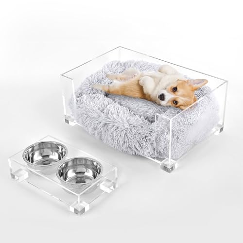 Billie 24" x 15.75" Small Modern Lucite Pet Bed with Washable Cushion and 4" Elevated Pet Feeder with 27 oz 2-Stainless Steel Bowls, Light Gray/Clear (Set of 2) DBD2001A-2SET