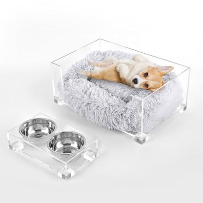 Billie 24" x 15.75" Small Modern Lucite Pet Bed with Washable Cushion and 4" Elevated Pet Feeder with 27 oz 2-Stainless Steel Bowls, Light Gray/Clear (Set of 2) DBD2001A-2SET