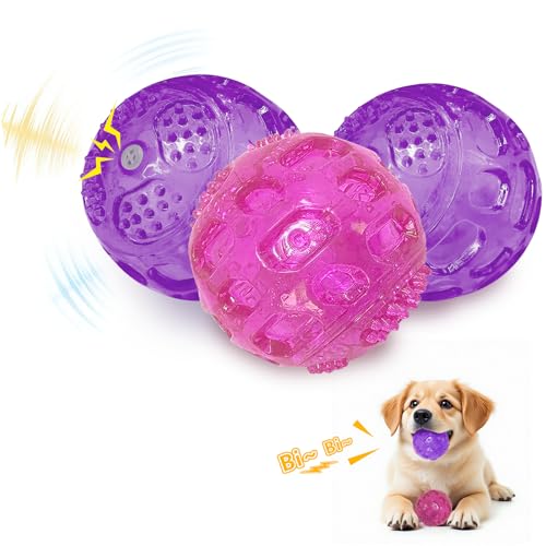 RICHIE Ultra Durable Squeaky Dog Balls 3 Inch for Large Medium Dogs, Tough Chew Toys for Aggressive Chewers, Floating Fetch Balls for Pool Play, Teeth Cleaning Dog Toys 3 Pack Red + Purple + Purple - color: Red + Purple + Purple