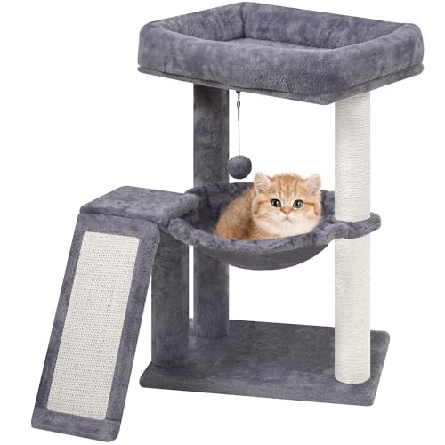 YOUPET Cat Tree with Cat Scratching Post for Indoor Cats, Cat Tower with Scratching Board and Playful Toy Balls, Cat Tree Tower with Cozy Hammock,Grey - color: Grey, size: 25.59"
