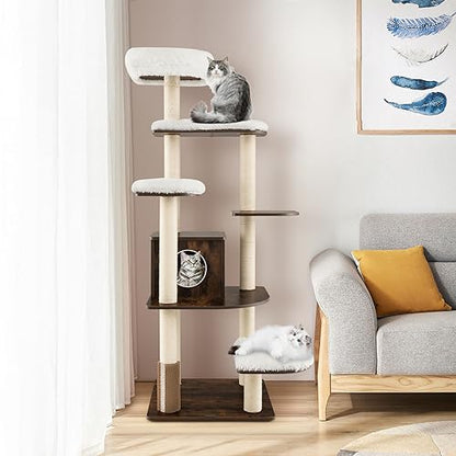 PETSITE Tall Cat Tree for Indoor Cats, 71 Inches Multi-Level Modern Cat Tower with Plush Perch, Cozy Condo, Platforms, Sisal Scratching Posts, EVA Massage Comb & Removable Cushions (Brown) - color: Brown