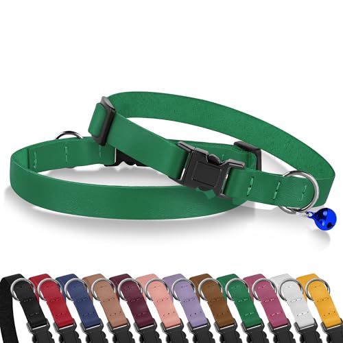 Breakaway Cat Collar with Bell - Leather Adjustable Kitten Collars with Safety Quick Release Buckle - Soft Small Pet Collars for Girl & Boy Cats (Green) - color: Green