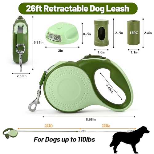 26ft Heavy Duty Retractable Dog Leash for Large Dogs, Dog Leash with Poop Bag Holder, Up to 100lbs, with LED Light, Chew Proof Cable, One-Handed Pause & Lock, 360° No Tangle. (Green, 26Ft) - color: Green
