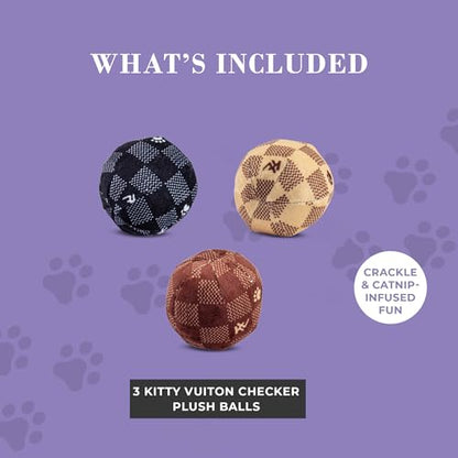Haute Diggity Kitty Vuiton Checker Balls Set, Plush Cat Toys Catnip Filled with Interactive Crackle Sound, Safe & Durable Toys for Cat & Kitten, 3 Pcs - style: Kitty Vuiton Checker Balls