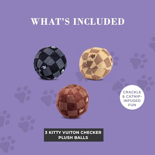 Haute Diggity Kitty Vuiton Checker Balls Set, Plush Cat Toys Catnip Filled with Interactive Crackle Sound, Safe & Durable Toys for Cat & Kitten, 3 Pcs - style: Kitty Vuiton Checker Balls