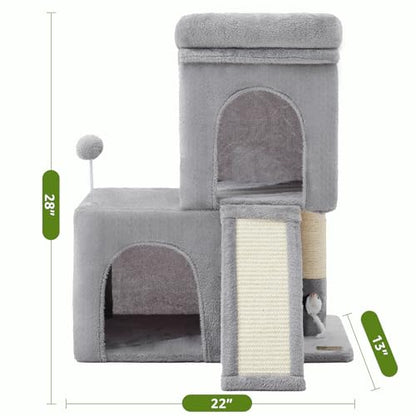 Woochpet 24inch Tall Cat Tree with 2 Cat Condo and Mouse Toy Cozy Small Cat Tower with Scratching Post and Board for Kitties and Small Cats.（Light Grey） (22 * 13 * 28) - size: 22*13*28