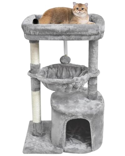 SYANDLVY Small Cat Tree for Indoor Cats, Activity Cat Tower with Scratching Post for Kittens, Modern Cat Furniture with Basket & Hanging Ball for Play Rest, Grey - color: Grey