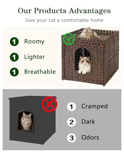 SETVSON Cat Litter Box Enclosure Furniture, Large Hidden Litter Box Furniture, Handwoven Rattan Cat House Cabinet, One Mat, Two S-Shaped Hooks, Living Room, Apartment 21.6 X 26 X 21.6 Inches, Brown - color: Brown, size: XL
