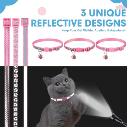 BINGPET Reflective Cat Collar Breakaway with Bells,3 Pack Kitten Collar for Girl Boy Cats with Cute Pendant Glow in The Dark,Adjustable 8''-11.8'',Pink - color: Reflective(Pink)-3pcs