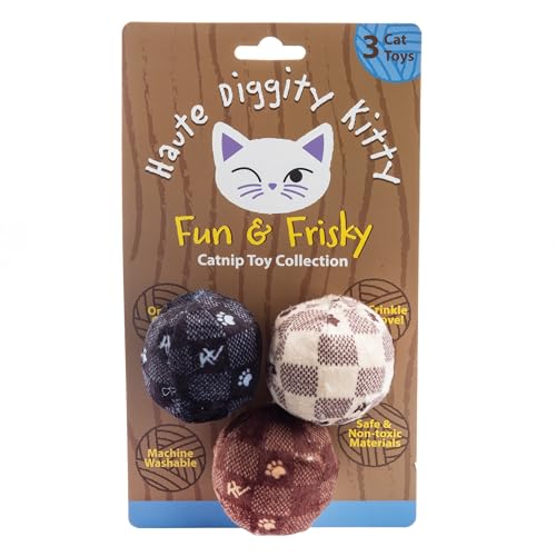 Haute Diggity Kitty Vuiton Checker Balls Set, Plush Cat Toys Catnip Filled with Interactive Crackle Sound, Safe & Durable Toys for Cat & Kitten, 3 Pcs - style: Kitty Vuiton Checker Balls