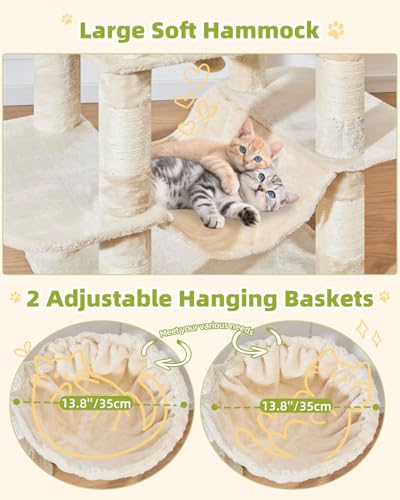Taoqimiao Cat Tree Tower, 76-Inch Sturdy Cat Tree for Indoor Cats Large Adult Cat Tower with Scratching Posts，2 Condos, 2 Perches, 2 Large Hanging Baskets, Soft Hammock, MS046M Beige - color: Beige