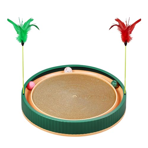 20-Inch Round Cat Scratcher Bed with Ball Track – 3-in-1 Interactive Cardboard Scratching Pad with Feather Toy & Non-Slip Base – Great for Indoor Cats, Active Kittens & Large Breeds (Green) - color: Green