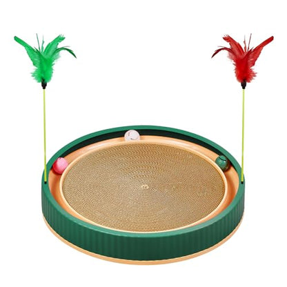 20-Inch Round Cat Scratcher Bed with Ball Track – 3-in-1 Interactive Cardboard Scratching Pad with Feather Toy & Non-Slip Base – Great for Indoor Cats, Active Kittens & Large Breeds (Green) - color: Green