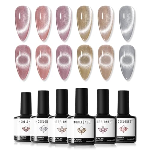 modelones Gel Nail Polish Set, 6 Colors Nude Pink Silver 9D Glassy Cat Eye Glitter Gel Polish Semi-transparent Neutral Brown Nail Polish Soapnails with Magnet Soak Off Led Nail Art DIY Gift - color: A A3-Neutral Cat Eye