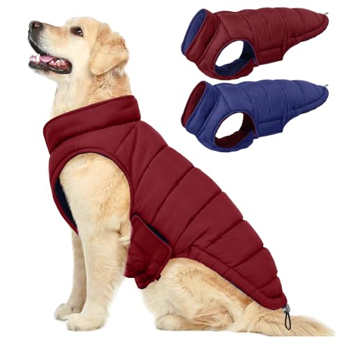 QBLEEV Reversible Dog Winter Coat, Waterproof Windproof Dog Jacket with Adjustable Fit & Leash Hole, Lightweight Warm Puffer Vest for Large Breeds, Wine Red, 2XL – Fits Labrador, Husky, Weimaraner - color: Date-Red, size: XX-Large