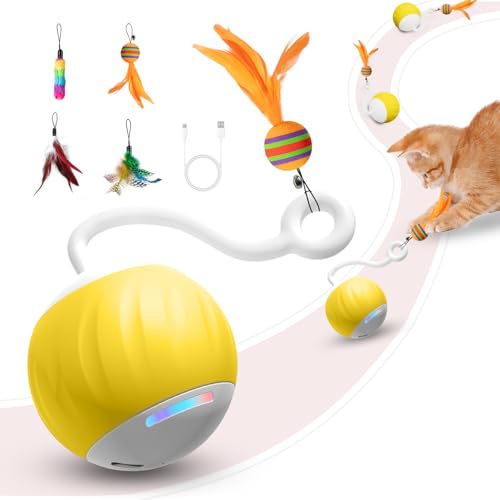 Upgraded Interactive Cat Toys Ball for Indoor Cats - Cat Ball Features Touch and Voice Activation, 2 Speed Settings (Fast and Slow), Interchangeable Tail Attachments for Bored Indoor Cats (Yellow) - color: Yellow