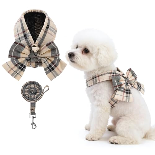 KOOLTAIL Small Dog Harness and Leash Set, Cute Puppy Vest Harnesses with Bowtie, Step in No Pull Soft Mesh Padded Adjustable Plaid Pet Harness for Extra-Samll Medium Dogs Cats, Boy Girl, XS S, Beige M - color: Beige, size: M (Chest Girth: 16"-18")