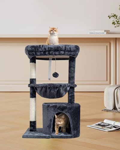 SYANDLVY Small Cat Tree for Indoor Cats, Cat Tower with Scratching Post, Modern Cat House with Padded Perch, Kittens Condo with Cradle, Smoky - color: Smoky Grey