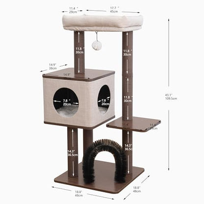 Petpals 4 Level 43" Minimalist Design Cat Tree with Wood Condo,Replaceable Paper Rope Scratching Posts,Full Body Bruch,Removeable and Washabel Bed (Brown and Beige) - color: Brown and Beige