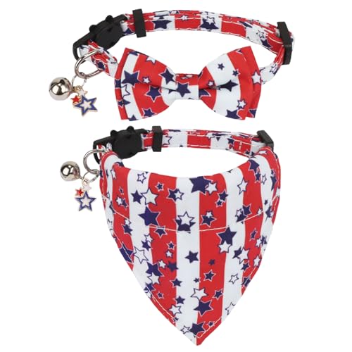 PTDECOR American Flag Cat Collar Breakaway with Cute Bow Tie Bell, 4th of July Bandana Collar, Patriotic Cat Bowtie Collars for Kittens (Red&White) - color: Flag-2